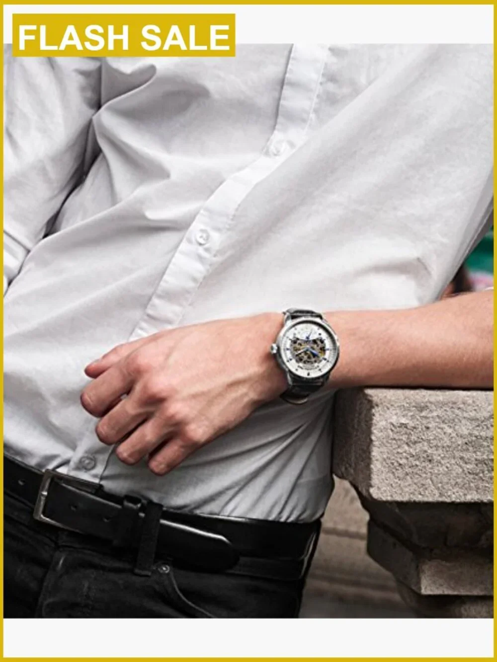 Men's Skeleton Automatic Dress Watch with Leather Strap Steel Case